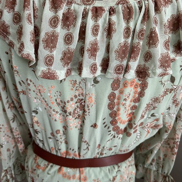 LADIES MINT/BRN PAISLEY LONG SLEEVE DRESS WITH RUFFELED NECK/BTM, Sz, L - Picture 2 of 3